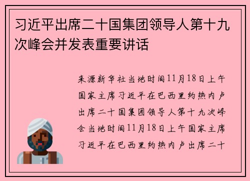 习近平出席二十国集团领导人第十九次峰会并发表重要讲话