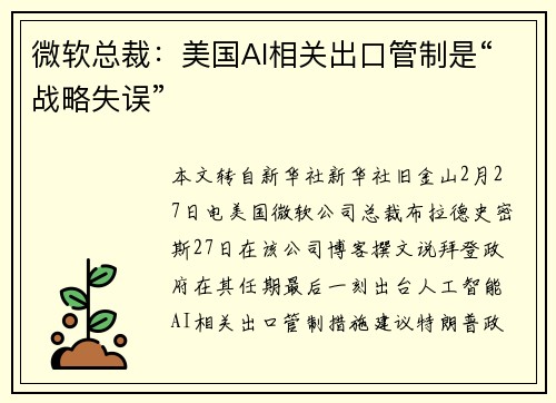 微软总裁：美国AI相关出口管制是“战略失误”