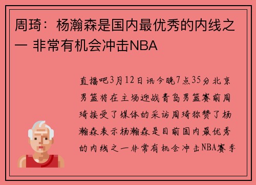 周琦：杨瀚森是国内最优秀的内线之一 非常有机会冲击NBA