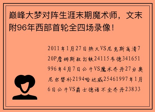 巅峰大梦对阵生涯末期魔术师，文末附96年西部首轮全四场录像！