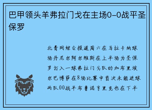 巴甲领头羊弗拉门戈在主场0-0战平圣保罗